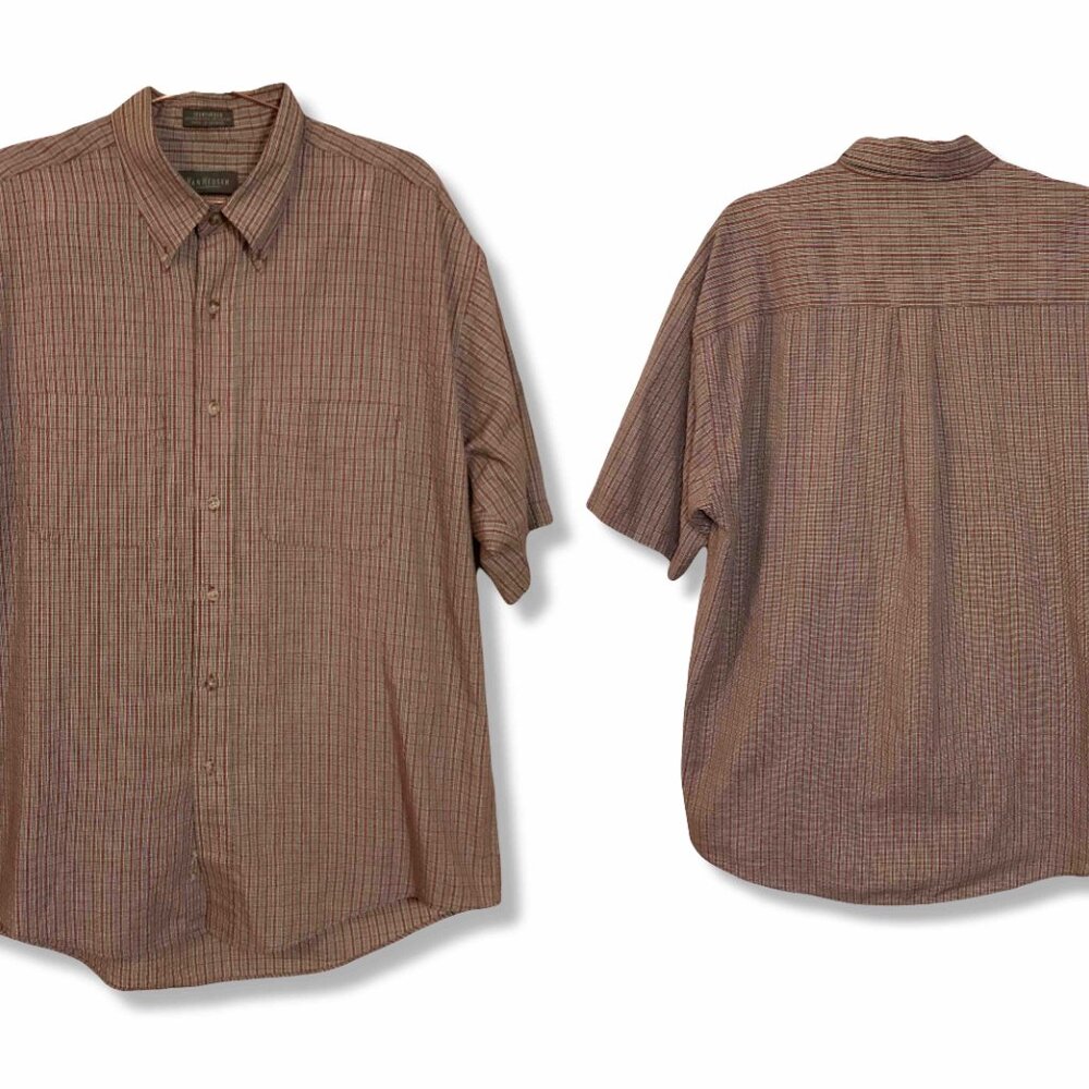 Van Heusen Seersucker Collar Button Up Pockets Striped Short Sleeve Men L Red